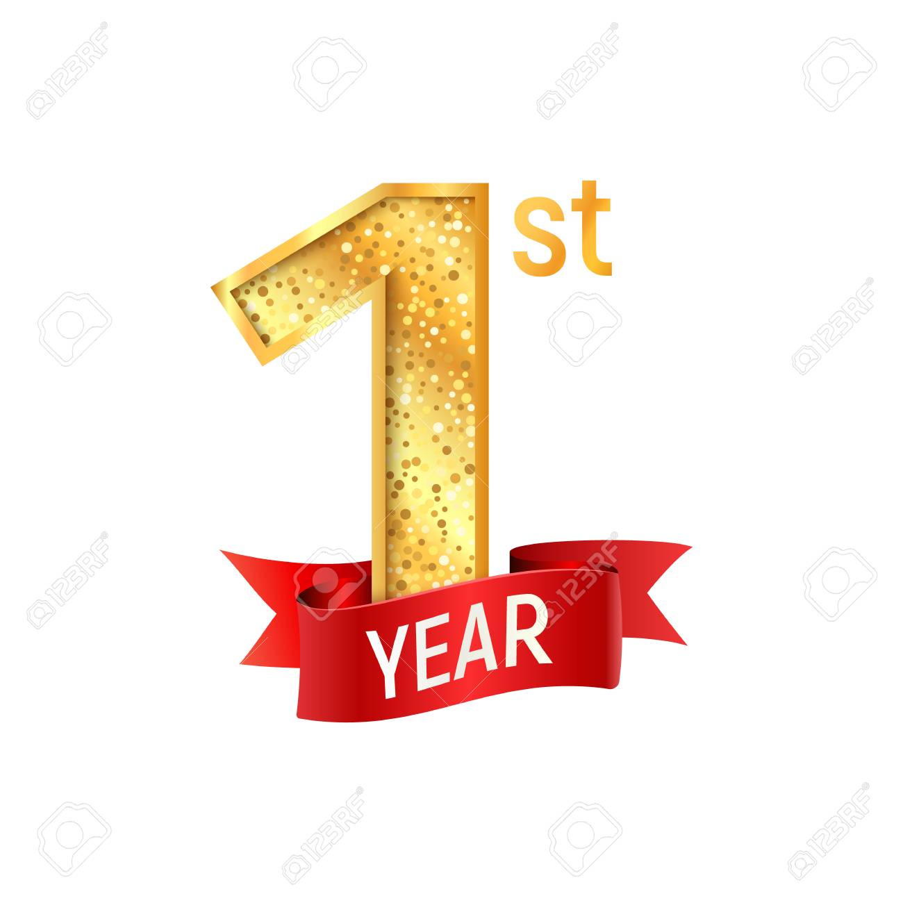 First year celebration template. Golden number one with red ribbon on white background vector illustration